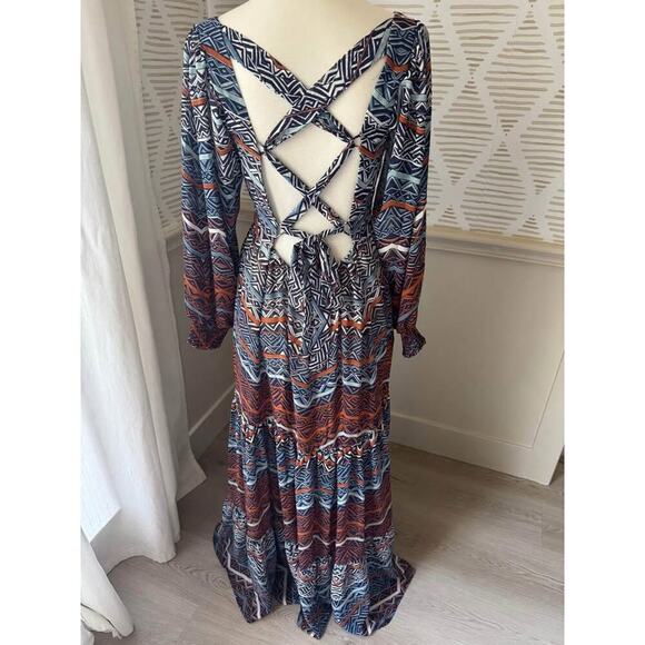 Venus Size 8 Medium Blue Rust Boho Balloon Sleeve Chiffon Tiered Maxi Dress - Picture 5 of 8